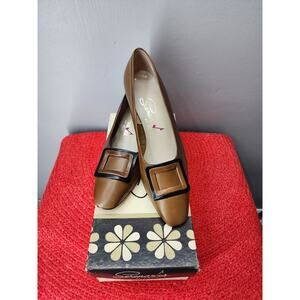 60s Vintage Florsheim Leather Pumps, Brown w/Black Detail, NOS - 9.5A